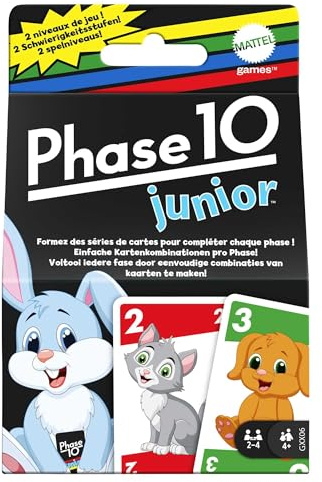 Mattel Phase 10 Junior - Rommé-artiges Spiel mit Mehreren Spielebenen, 56 Karten mit Tierbildern, für 2 bis 4 Spieler, für Kinder ab 4 Jahren, GXX06