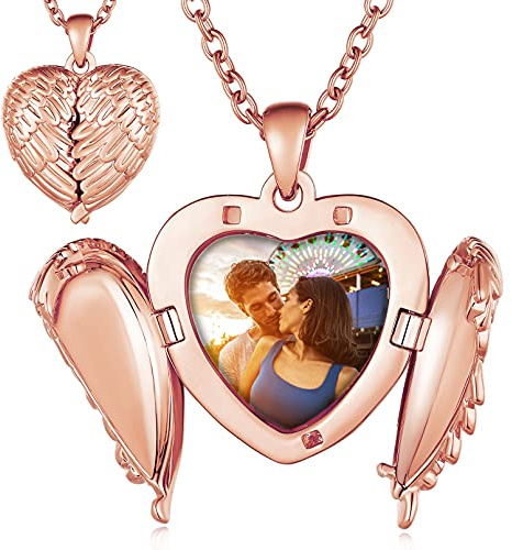 Custom4U Personalisierte Medaillon zum Öffnen für Bilder Damen Fotokette | Engelsflügel Medaillon Foto Kette mit Gravur Silber/Gold/Schwarz Locket Amulett mit 50cm kette Geschenk für Mutter Ehefrau