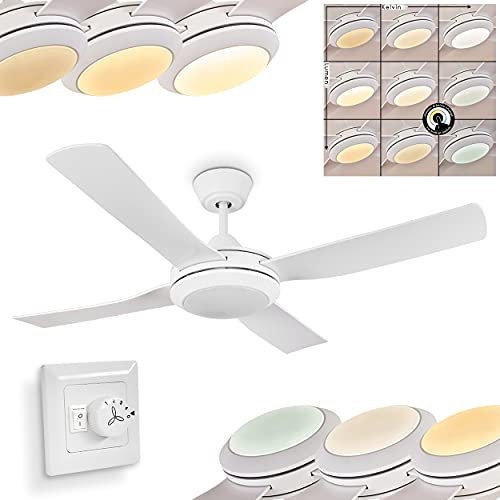 Ventilador de techo LED Tjerne, lámpara de techo con ventilador de metal/plástico en blanco, interruptor de pared incluido, 20 vatios, 1750/2100/2000 lúmenes, 3000-5000 K, regulable