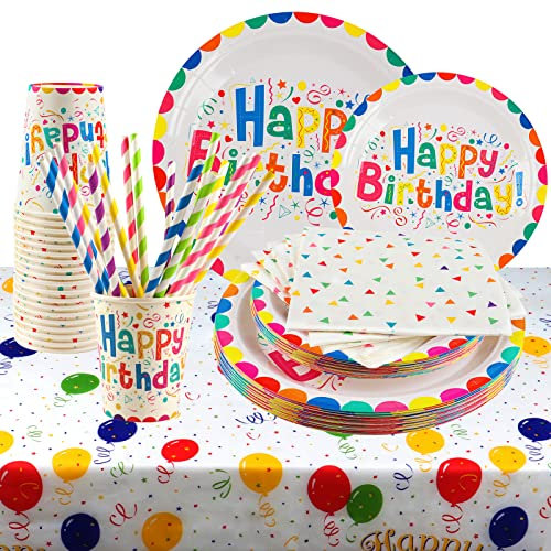 101PCS Geburstag Partygeschirr Pappteller Set Bunte Partyteller Partybecher Servietten Strohhalme Tischdecke Geburstag Pappteller Kindergeburtstag Mädchen Junge für 20 Gäste