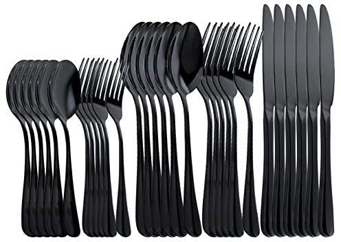 OBR KING Besteck Set 6 Personen Besteckset Schwarz 30-teilig, Cutlery einschließlich Dessertgabeln Dessertlöffel Löffel Messer und Gabeln, Essbesteck aus 18/0 Edelstahl, Spülmaschinenfest