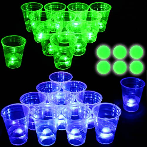 22 Stück leuchtende Partybecher für Partyspiele, Plastikbecher, Zubehör, Dekorationen mit Kugeln, drinnen, draußen, Neon, Party, Event, Geburtstag, Festivals, Hochzeit (Grün, Blau)