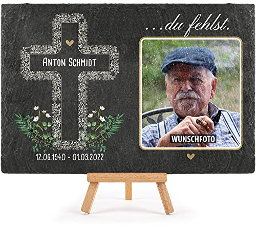 Schieferplatte selbst gestalten - Gedenktafel mit Foto, Name & Datum bedrucken - Kreuz mit Blumen - du fehlst - Grabtafel, Grabschmuck | Schiefertafel mit Staffelei, 20x30 cm
