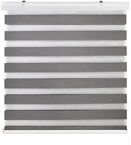 Estoralis | Sansa | Doppelrollo mit Weiss Kassette | Doppelter Stoff, Tag und Nacht | Farbe - Dunkelgrau | 125 x 255 cm. (Breite/Höhe) Stoffgröße 122 x 250 cm. | Rollos für Fenster und Türen