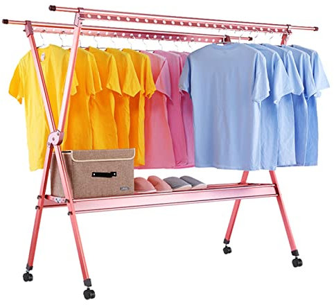 IXART Wäscheständer Teleskope Wäschestange Doppelstange X-förmige Kleidung, Aluminiumlegierung Faltbarer Bodenkleidung, mit 4 Rollen Drying Rack/Clothes Drying Rack (Color : Roze)