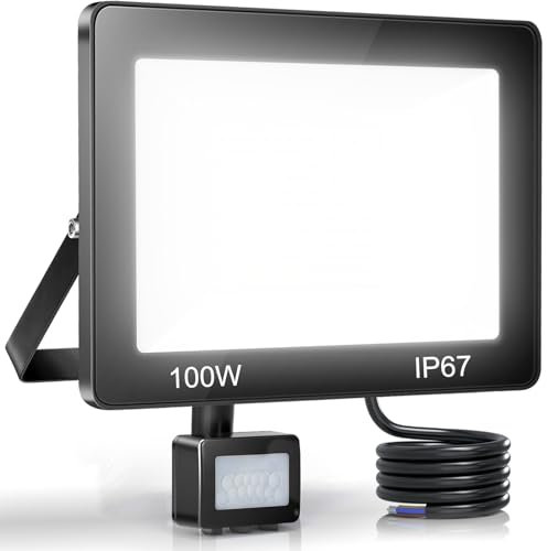 YIQIBRO Faretto con Sensore di Movimento 100W, 10000LM 6500K Faro LED Esterno con Sensore Movimento, Impermeabile IP67 Lampada Esterno per Giardino, Terrazza, Garage, Corridoi