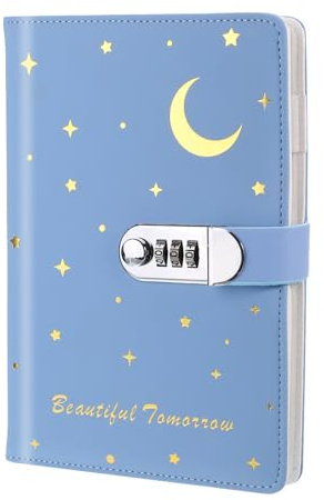 PATIKIL A5 Diary with Lock, Journal with Lock Cute Journaling Leather Notebook Journal 120 Pages Stars Moon Diary with Pen Slot Card Slot Waterproof for Women Gifts, Blue