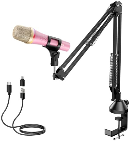 TONOR Dynamisches USB/Typ-C Mikrofon für PC, RGB Podcast Computer Gaming Mikro mit Arm Ständer für Aufnahme, Live, Streaming, YouTube, Gesang, Studio, Karaoke Microfon Quick Mute-Taste Rosa