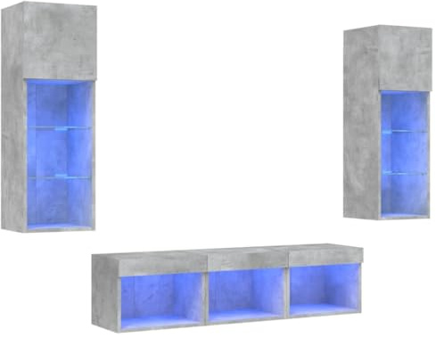 vidaXL Unités Murales TV avec LED 5 pcs, Armoires de Télévision Suspendues, Meubles Télé de Salon, Moderne, Gris Béton Bois d'Ingénierie