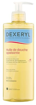 DEXERYL - Huile de Douche Apaisante - Nettoie & Relipide la Peau dès la naissance - Préserve la Barrière Cutanée - Peaux Très Sèches ou à Tendance Atopique - Sans Savon, Sans Parfum - 500 ml