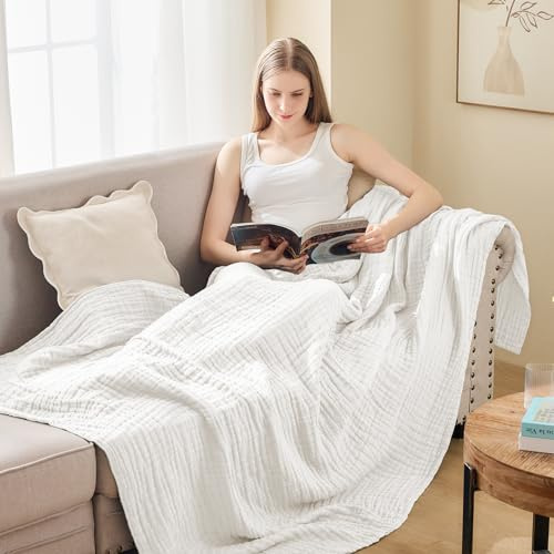 ACCOTIA Manta de algodón para sofá de 50 x 60 pulgadas, suave manta de muselina de verano, ligera, de gasa, transpirable, para todas las estaciones, color blanco