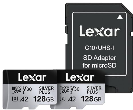 Lexar 128GB (2-Pack) Professional Silver Plus Micro SD Card, UHS-I C10 U3 V30, Full HD & 4K, Up to 205/150 MB/s, for Videographers, Gamers (LMSSIPL128G-B2ANU)