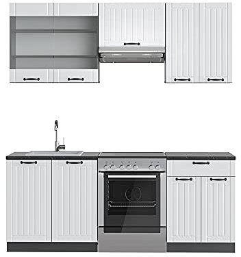 Vicco Küchenzeile Fame-Line, Küchenblock, Weiß Landhaus/Anthrazit, 200 cm, AP Eiche