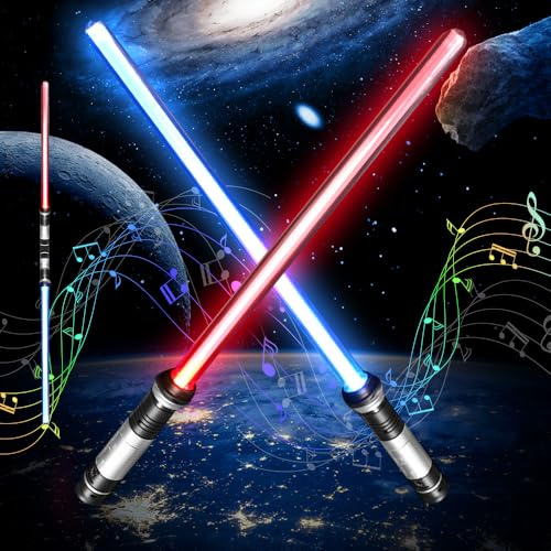 mizikuu 2 Stück Laserschwert Kinder, 2 in 1 Lichtschwert Doppelklingen Schwerter Spielzeug mit 7 Farben & Soundeffekten Laser Sword einziehbare für Cosplay Spielzeug für Kinder Geschenk