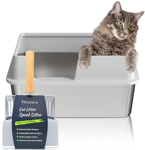 Katzenklo Edelstahl XXL, Stainless Steel Litter Box, Katzentoilette offene mit Metall Schaufel, Cat Litter Box hohem Rand, Katzentoilette Edelstahl, Katzenklo groß leicht zu reinigen-Grau Kratzfest