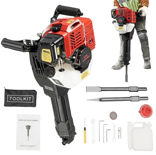 Garbenat Benzin Abbruchhammer 52CC 2-Takt Motor Stemmhammer 1900W Handgehalten Benzin Betonbrecher 55J Schlagkraft Beton Bohrhammer mit Spitzmeißel & Flachmeißel