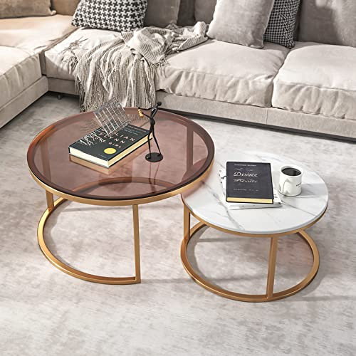 MPFYRCOJ Satztische, 2er-Set, großer runder Couchtisch aus gehärtetem Glas, Schieferplatte, Kleiner runder Sofatisch für das Wohnzimmer, stapelbare Satztische mit stabilem Metallrahmen, moderner Akze