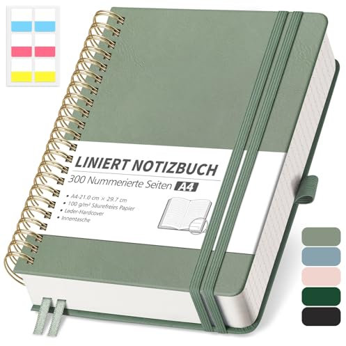 RETTACY Notizbuch A4 Liniert, Bullet Journal mit 100 g/m² Dickem Papier, 150 Blatt/300 Nummerierten Seiten, Collegeblock für Büro und Schule, Lederhülle, Hellgrün, 21 cm x 29.7 cm
