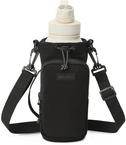 SEPWIK Water Bottle Carrier With Phone Pocket - 40oz Holder Pouch With Adjustable Strap Sleeve for Walking, Hiking, Camping, Gym - Scandihome Series Black