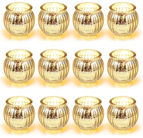 Hejo 12 Stück Teelichthalter Glas Gold, Kürbis Teelichtgläser, Kleine Kerzengläser, Mehrweg Teelichter Gläser, Vielseitige Kerzenhalter aus Glas für Weihnachten Ostern Hochzeit Halloween (Gold)