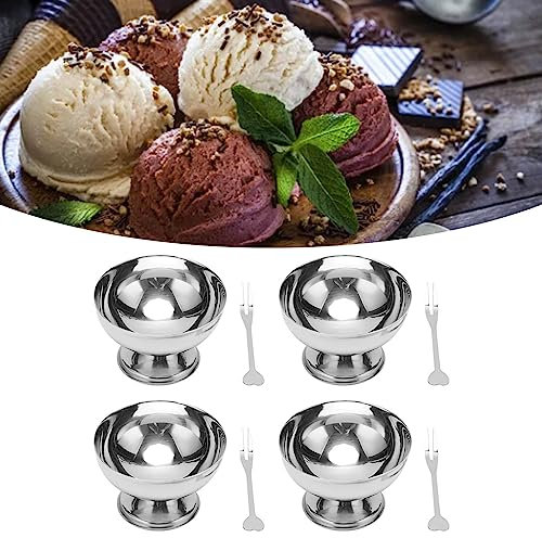 lvifloae 4 cuencos de acero inoxidable para helado, cuenco de arroz para helado de acero inoxidable con tenedor, cuenco de postre de metal suave de grado con tenedores para ensalada y pasteles