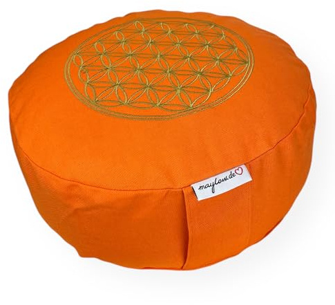 maylow Yoga mit Herz Yogakissen Meditationskissen Stickerei Blume des Lebens 33x15 cm für Anfänger und Geübte Bio-Dinkelspelz Füllung Bezug und Inlett Baumwolle waschbar (Blume orange)