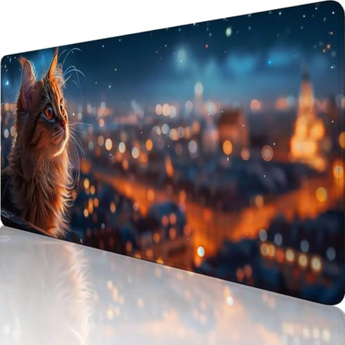Schwarz Mauspad XXL 600 x 300, Erweiterte Groß Mousepad Katze, Wasserfest Schreibtischunterlage Vernähte Kanten Design, Mouse Pad mit rutschfeste Gummibasis für Pc Büro Deko, Geschenke für Frauen g-7