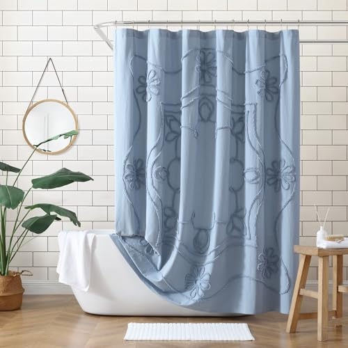 Peri Home Duschvorhang für Badezimmer, 100% Baumwolle, Retro-Stil, 183 x 183 cm, Blau