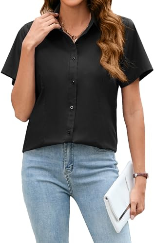 Stamain Grundläggande figursydd kortärmad skjorta för kvinnor elegant blus för kvinnor chic för arbete knappskjorta, svart, XL