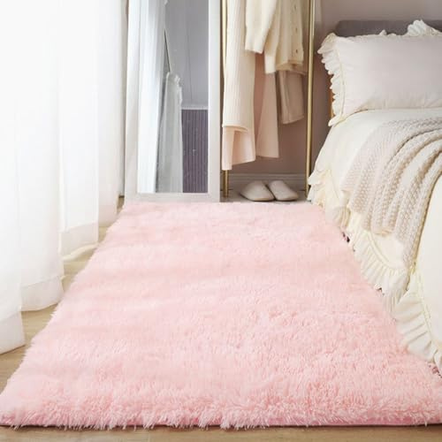 YUANWAN Teppich Hochflor Teppiche 130 x 90 cm Flauschig Weicher, Maschinenwaschbarer Hochflor Teppich Läufer Flur Anti-Rutsch Teppich Matte für Wohnzimmer, Schlafzimmer, Rosa