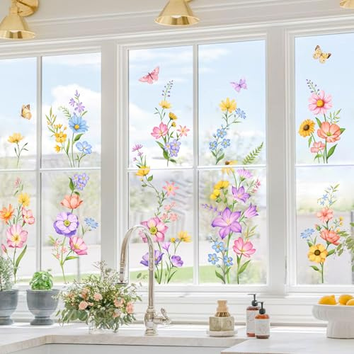 Tanlaby Fensterbilder Bunt Blumen Fensteraufkleber Sommer Frühling | Doppelseitige Statische Fenstersticker Anti Kollision für Wohnzimmer Küche Büro Fensterdeko