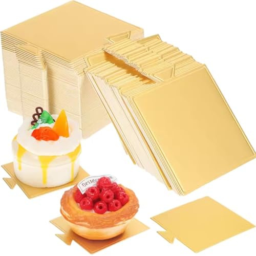 trabag 100 Stück Cake Boards Gold - Quadratische Tortenspitzen aus Pappe, Lebensmittelecht & Stabil - Mousse Tortenunterlage für Hochzeit, Geburtstag, Dessert, Gebäck Dekoration