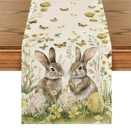Osterhase Deko Tischläufer Ostern, 33x183 cm Leinen Tischläufer Frühling Osterdeko Modern Ostertischläufer für Innen und Draußen, Hasen Ostertischläufer für Ostern Deko Frühling, Ostern Geschenke (C)
