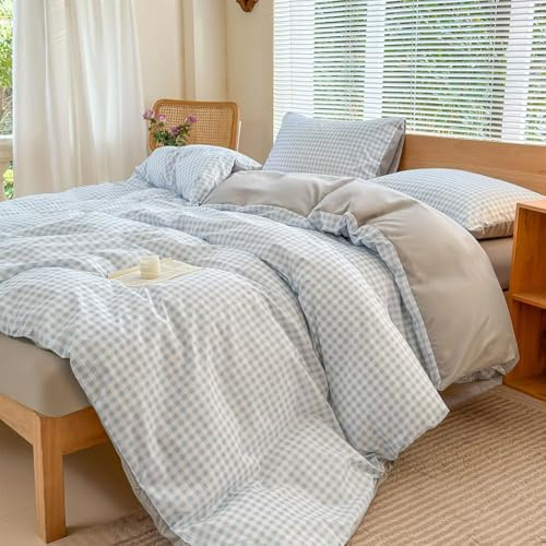 NSNLGSGC Parure de lit pour lit simple Motif carreaux Bleu clair 135 x 200 cm | Housse de couette à carreaux pour lit simple, 1 taie d'oreiller, facile d'entretien