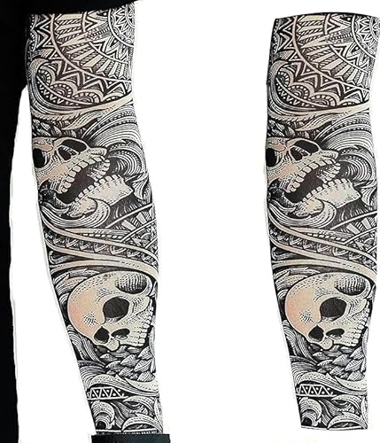 2 x tatueringsarmvärmare falsk nylon elastisk strumpa full arm dödskallar halloween stretchig för vuxna att glida in i biker gotiska rosor stam kostym (vuxna) (S)
