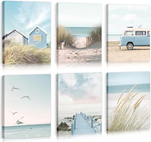 HPNIUB 6 Stuck Strand Meer Haus Leinwandbild Sommer Urlaub Deko 20x25cm