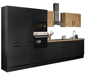 TURIN ZBM Küchenzeile Küche Schwarz Artisan Eiche 360 x 211 x 60 cm (B/H/T) | Geräumige Einbauküche ohne Elektrogeräte, viel Stauraum, Metall-Bügelgriffe, moderne Artisan-Eiche Optik