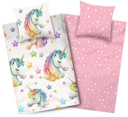 Aminata kids Biancheria da letto double-face con unicorno, 135 x 200 cm, in microfibra per bambini, set di biancheria da letto con chiusura lampo, unicorni e stelle colorati, anallergica, facile da