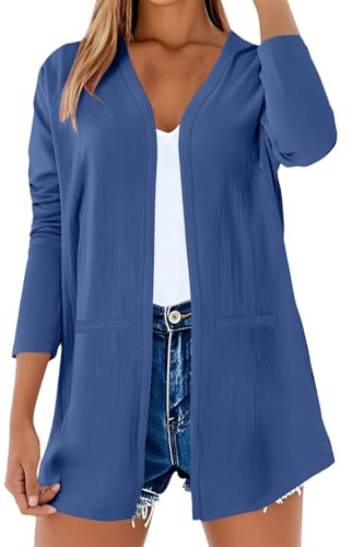 Generisch Cardigan Damen Sommer - Baumwolle Leinen Bluse Elegant Dünne Jacket - Lange Ärmel Open Front Cardigan Leicht Casual Blusenjacke Einfarbige Atmungsaktives Sommerjacke mit Taschen