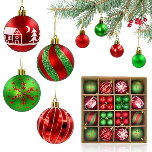 JoryHeim Weihnachtskugeln 44 Stück Set, Christbaumkugeln aus bruchsicherem Plastik, inkl. vormontierten Schlaufen - Weihnachtsbaum Deko & Christbaumschmuck (Rot & Grün, Glanz/Matt)
