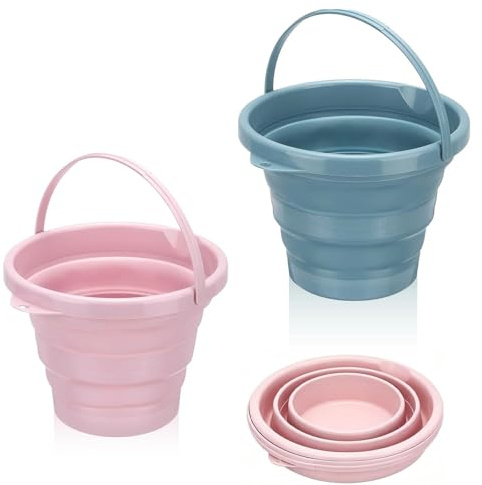HSUYUN Faltbarer Eimer Strand, 2 Stück 3L Faltbarer Sandeimer, Faltbar Eimer 3L, in Rosa und Blau Strandeimer für Draußen, für Strand, Camping, Park