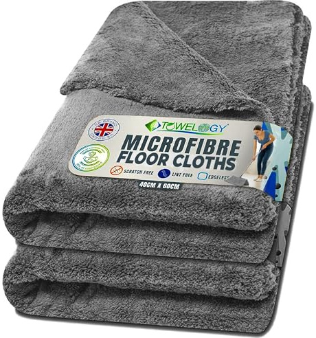 Towelogy® Microfibre Floor Cloths Heavy Duty | Extra Large, Super Absorbent Floor Cleaning Cloths | Mop Pads Replacement for Dry Cleaning, Wet Cleaning and Flap Mop Use | 60x40cm (2, Grey)