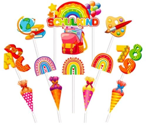 JchEnye 13er-Set Schulanfang Tortendeko, Einsschulung Party Cupcake Topper (Regenbogen & Schultasche Motive)