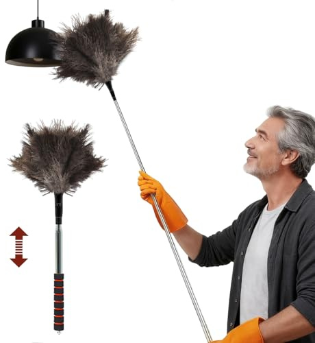 Ostrich Feather Dusters, 61 Inch Long Handle Extendable Duster Household Dust Removal Tool for Cleaning Ceiling Fans, Chandeliers, Ceilings and Furniture
