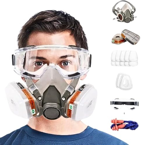 Half Face Respirator Mask with Safety Goggles, Anti Fog Protective Eyewear and Dual Filter Gas Mask for Painting, Chemical Vapours, Dust and DIY Work