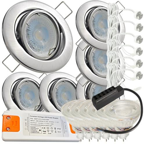 Generisch LED Einbaustrahler 12V schwenkbar – 6er Set mit 120 cm Zuleitung pro Spot, AMP-Stecksystem & Trafo, 3W MR16 Neutralweiß, 55 mm Einbautiefe – ideal für Decken im Wohnbereich, Küche und Flur