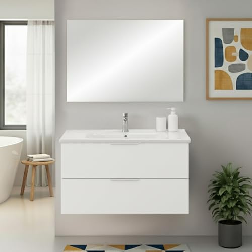 Inbagno Mobile Bagno Sospeso 100 Cm Bianco Opaco Con 2 Cassetti Soft-Close Lavabo In Ceramica E Specchio Rettangolare – Linea Elva