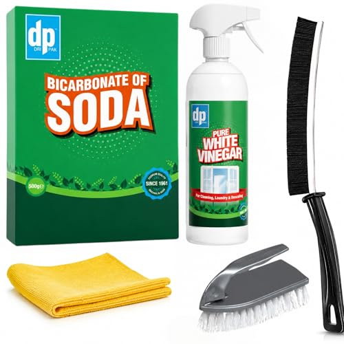 Baking Soda For Cleaning Bundle - Bicarbonate Of Soda For Cleaning, Vinegar For Cleaning Spray, Crevice Cleaning Brush, Kirkland Microfibre Cloth, Scrubbing Brush With Handle - Bathroom Cleaning Brush
