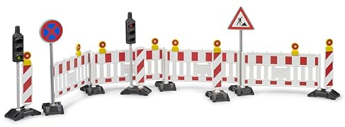 bruder 62009 - Kit de signalisation routière avec feux tricolores | 2 feux tricolores, 4 barrières, 4 panneaux d'avertissement, 2 panneaux de signalisation, 8 lampes de chantier