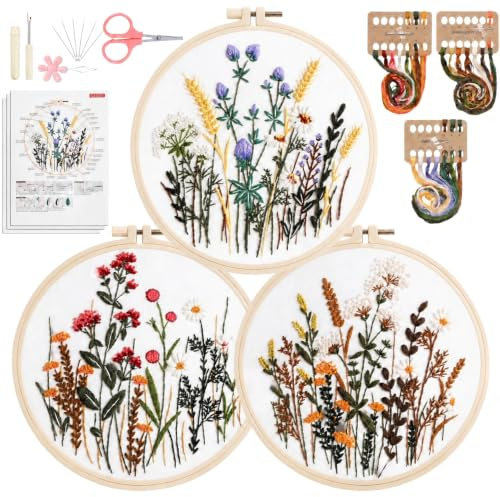 Beler 3 st broderiset för nybörjare, blommönster, broderiset, vuxna med 3 stycken broderiramar, instruktioner och verktyg för gör-det-själv-konst, hantverk, sömnad (blomme-A)